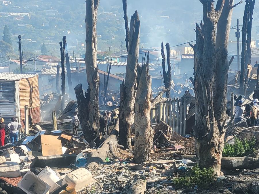 Burnt trees and household belongings among the debris